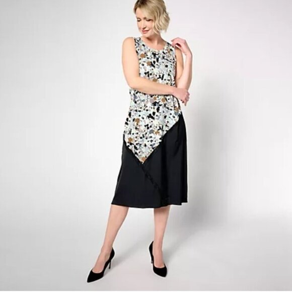 LOGO by Lori Goldstein Petite Mixed Media Printed Dress Gray Mist A635909